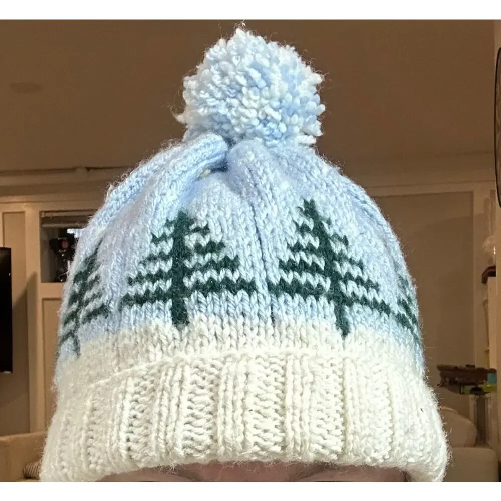 Hand Knit Beanie Pom Pom Hat Tree Pattern One Size Soft Stretchy Winter Ski